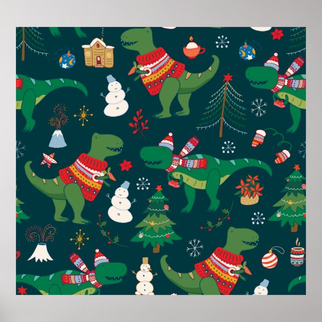 Affiche Dinosaur T-Rex : Nouvel An de Noël. (Devant)