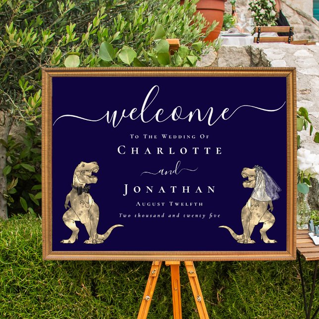 Affiche Dinosaur Theme Navy Blue Wedding Welcome Sign (Elegant Dinosaur navy blue wedding Welcome poster sign T-Rex bride and groom dino whimsical script)