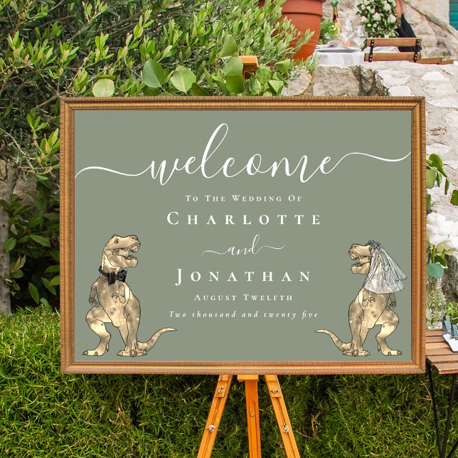 Affiche Dinosaur Theme Sage Green Wedding Welcome (Dinosaur T-Rex bride and groom elegant sage green wedding welcome sign poster)