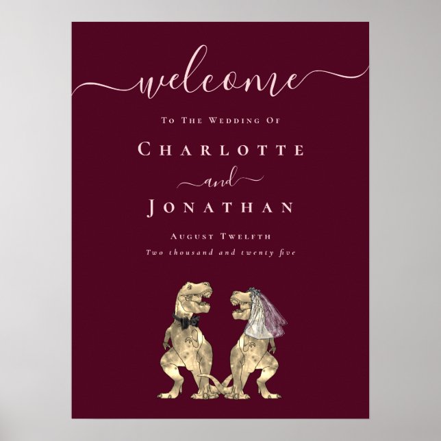 Affiche Dinosaur Wedding Welcome Burgundy Wine Blush Pink (Devant)