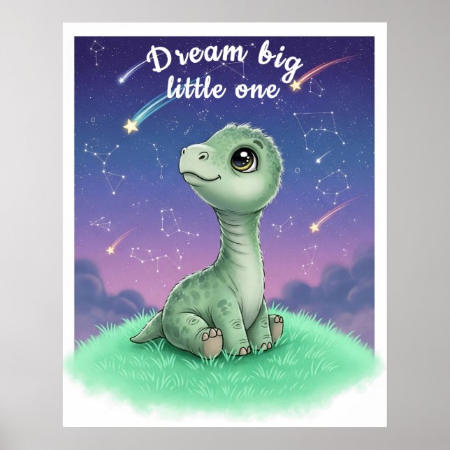 Affiche Dinosaure bébé sur le ciel nocturne, Nursery perso (Devant)