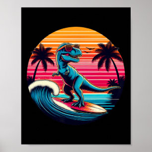 Affiche Dinosaure drôle surfant sur le coucher de soleil r