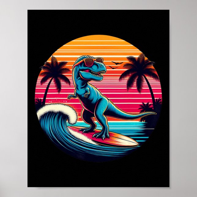 Affiche Dinosaure drôle surfant sur le coucher de soleil r (Devant)