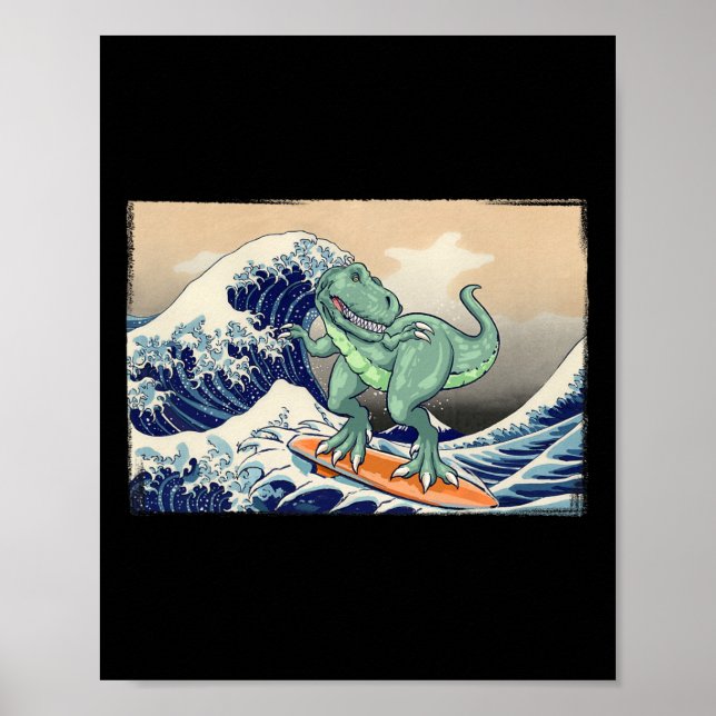 Affiche Dinosaure drôle, T Rex surfant, Art de dinosaure,  (Devant)