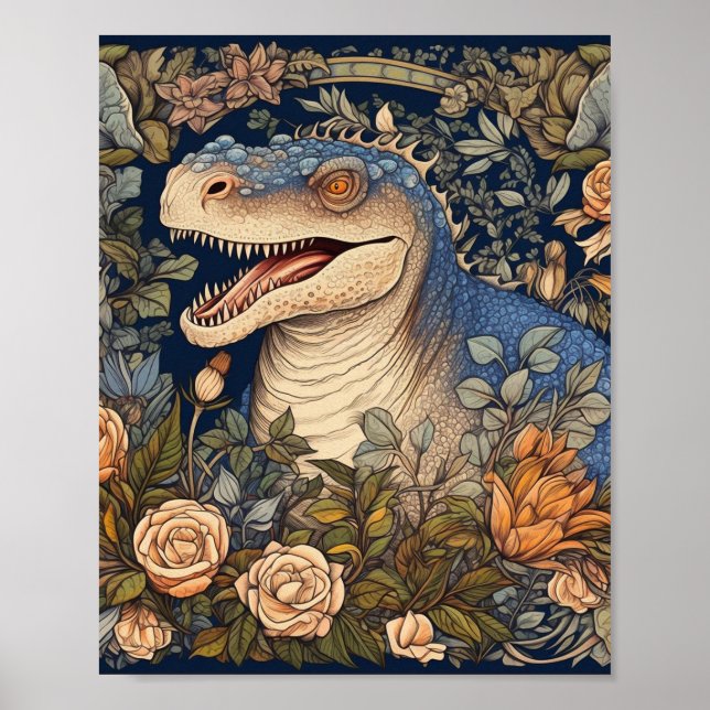 Affiche Dinosaure et fleurs de style Art nouveau (Devant)