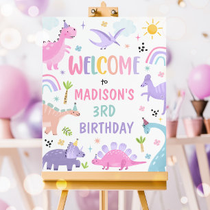 Affiche Dinosaure fille rose fête d'anniversaire Bienvenue