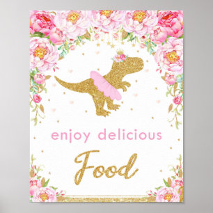 Affiche Dinosaure Floral Anniversaire Fête T-Rex Food Sign