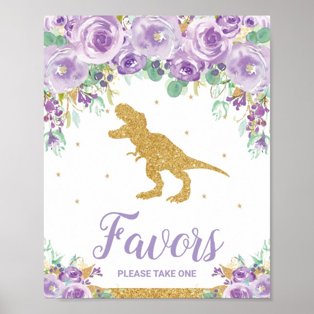 Affiche Dinosaure Floral Violet Fête Anniversaire Fille Fa (Devant)