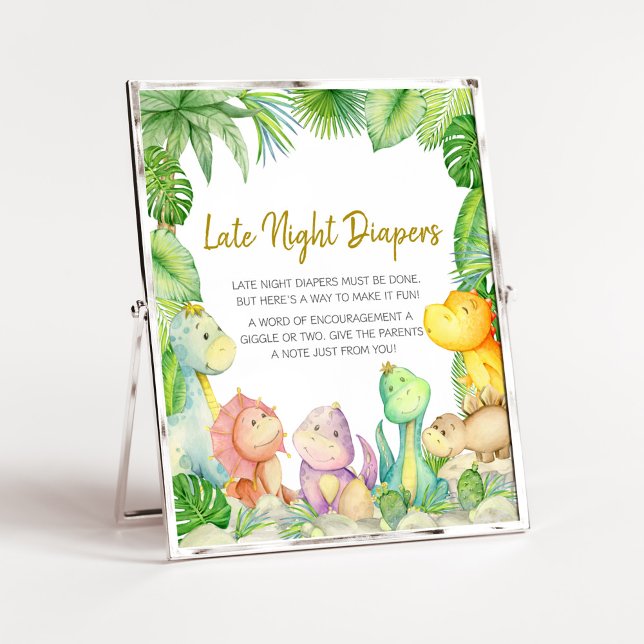 Affiche Dinosaure Garçon de verdure Bébé Diapeurs de nuit  (Rawr! It's a Boy Dino Baby Shower Late Night Diapers Sign)