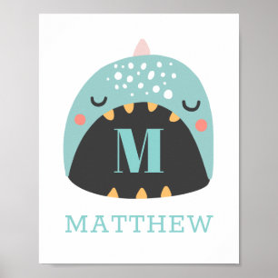 Affiche Dinosaure mignon. Blue Dino pour bébé garçon / Nur