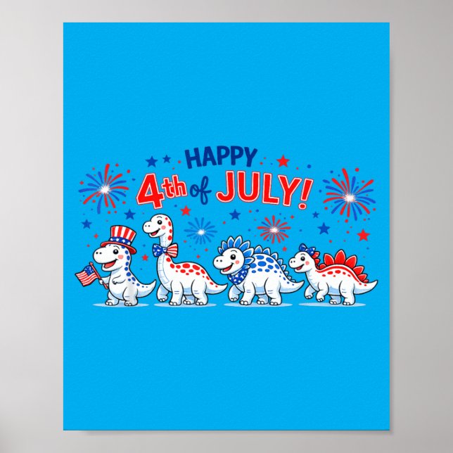 Affiche Dinosaure Mignon Drapeau Usa Feux D'Artifice Enfan (Devant)