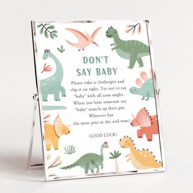 Affiche Dinosaure ne dit pas signe bébé (Dinosaur Don't Say Baby Shower Game Sign by Painted Paperie)