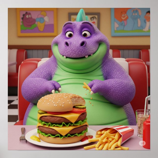 Affiche Dinosaure pourpre Profitez d'un hamburger (Devant)