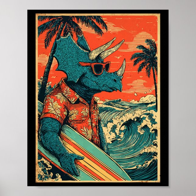 Affiche Dinosaure Rétro Surf Hawaii Été Triceratops S (Devant)