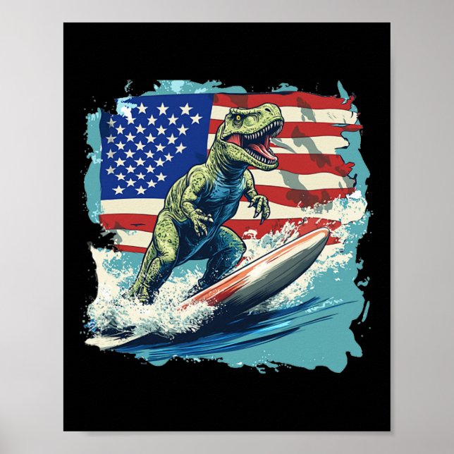 Affiche Dinosaure Rouge Blanc Bleu Surfant Pour Juri Patri (Devant)