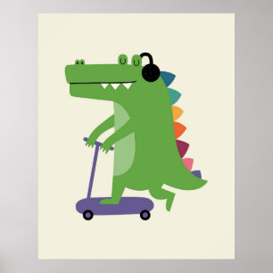 Affiche Dinosaure sur un scooter avec casque audio Bébé en