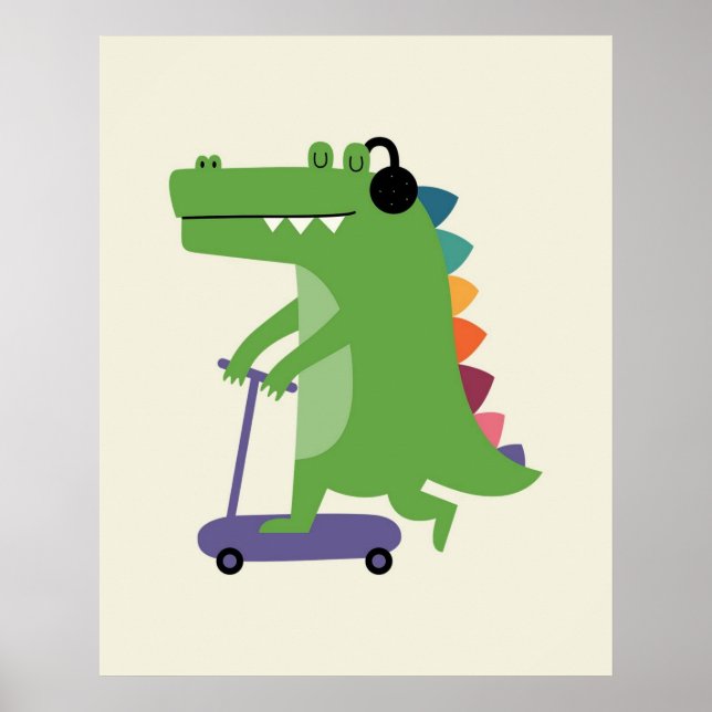 Affiche Dinosaure sur un scooter avec casque audio Bébé en (Devant)