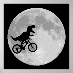 Affiche Dinosaure sur un vélo dans le ciel avec la lune