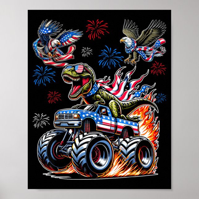 Affiche Dinosaure T-Rex avec camion monstre aigle drapeau  (Devant)