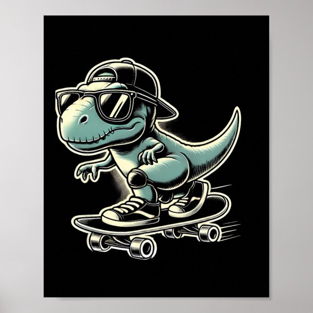 Affiche Dinosaure T Rex Skateboard Drôle Rétro Planche à R (Devant)