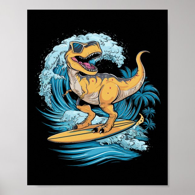 Affiche Dinosaure T-rex Surfeur de Plage  (Devant)