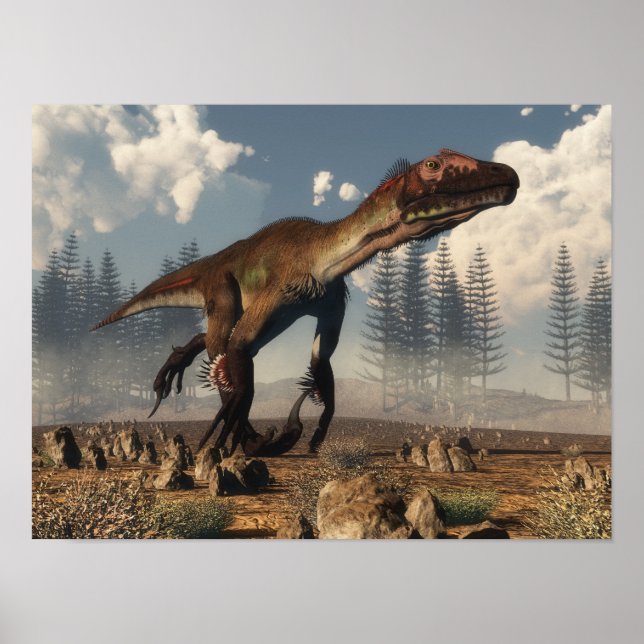 Affiche Dinosaure Utahraptor dans le désert - rendu 3D (Devant)