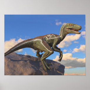 Affiche Dinosaure velociraptor bleu à pignon