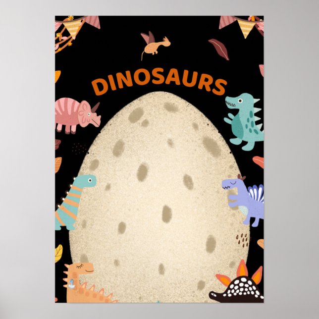 Affiche Dinosaures à l'aquarelle adorables avec un grand œ (Devant)