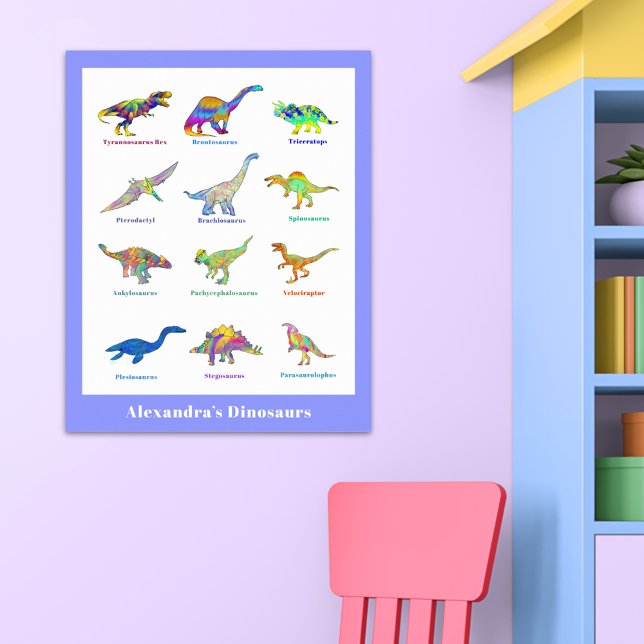 Affiche Dinosaures aux noms Colorés Éducatif (Colorful dinosaurs with names purple custom educational poster)