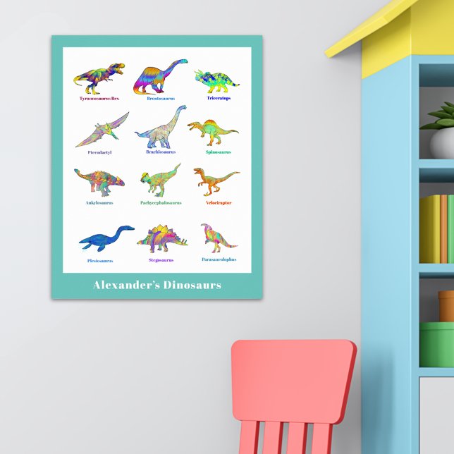 Affiche Dinosaures avec des noms colorés (Fun colorful dinosaurs with names custom educational poster)