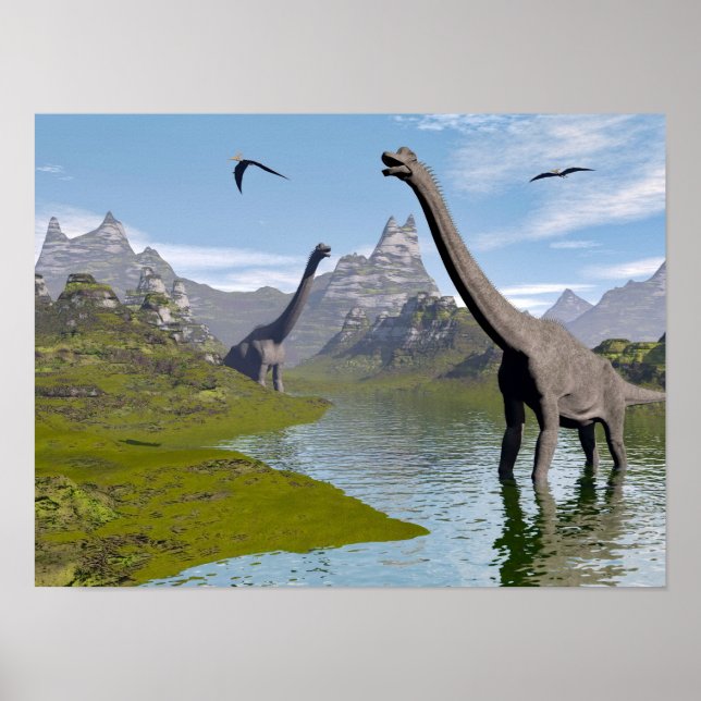 Affiche dinosaures de Brachiosaurus dans l'eau - rendu 3D (Devant)