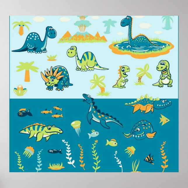 Affiche Dinosaures de dessin : Jeu de terre et de mer (Devant)