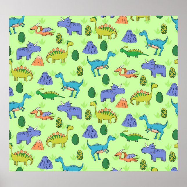 Affiche Dinosaures mignons, Style Dessin Caricature. (Devant)