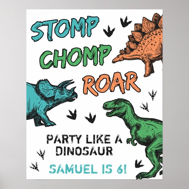 Affiche Dinosaures Stomp Chomp Roar Anniversaire fête, n'i (Devant)