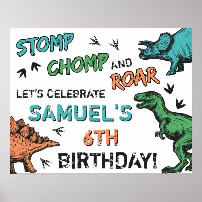 Affiche Dinosaures Stomp Chomp Roar Anniversaire fête, n'i (Devant)