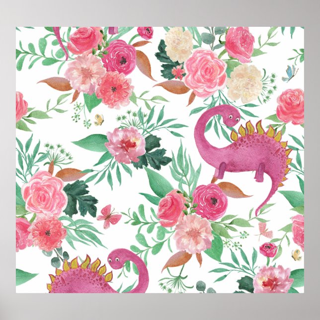 Affiche Dinosaures Vintage motif floral (Devant)