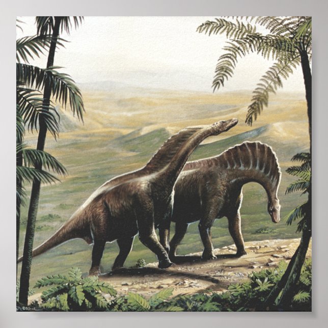 Affiche Dinosaures vintages, Amargasaurus aux palmiers (Devant)