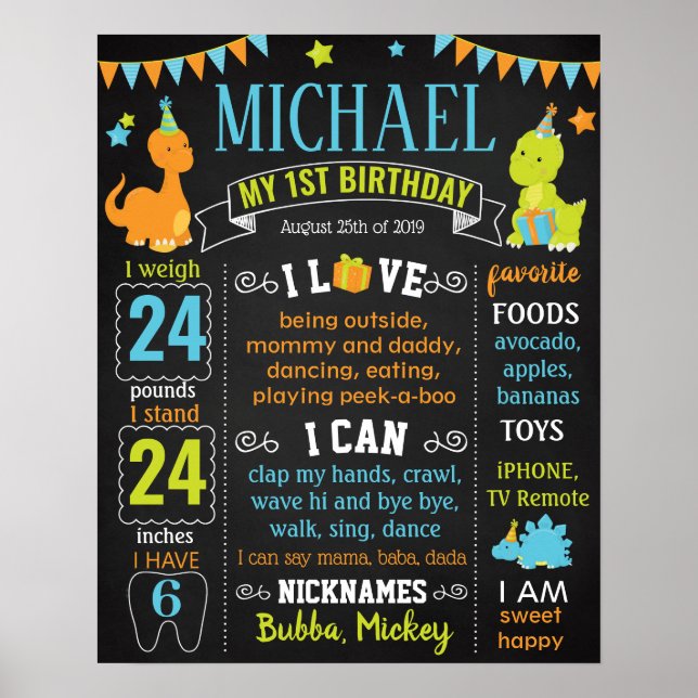 Affiche Dinosaurs Dino First birthday sign for a boy (Devant)