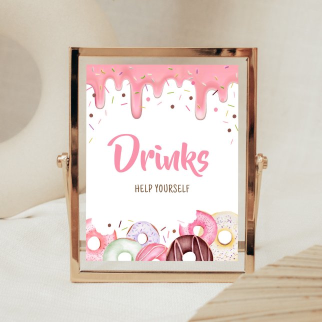 Affiche Dinuts et Diapeurs Saupoudrer les boissons (Pink Donuts Girl Baby Shower Drinks Sign)