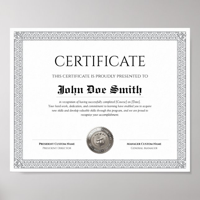 Affiche Diplôme Classique Élégant Certificat sceau argent (Devant)