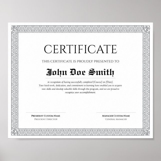 Affiche Diplôme de qualité élégant et classique Certificat (Devant)