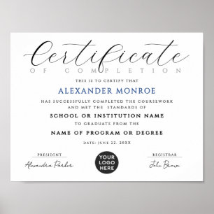 Affiche Diplôme Numérique de Certificat Élégant Noir Bleu