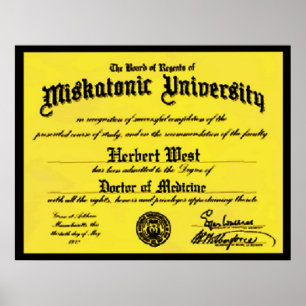 Affiche Diplôme universitaire miskatonique Herbert West