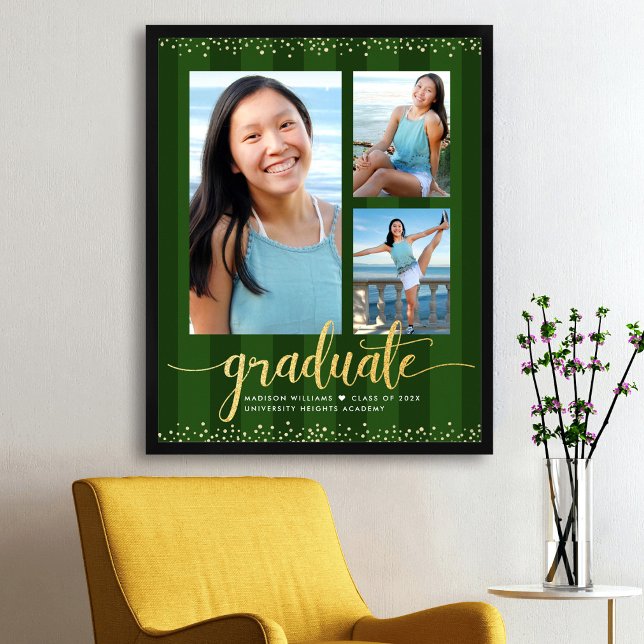 Affiche Diplômé Vert 3 Photo Rayures Paillettes Or Écritur (Créateur téléchargé)