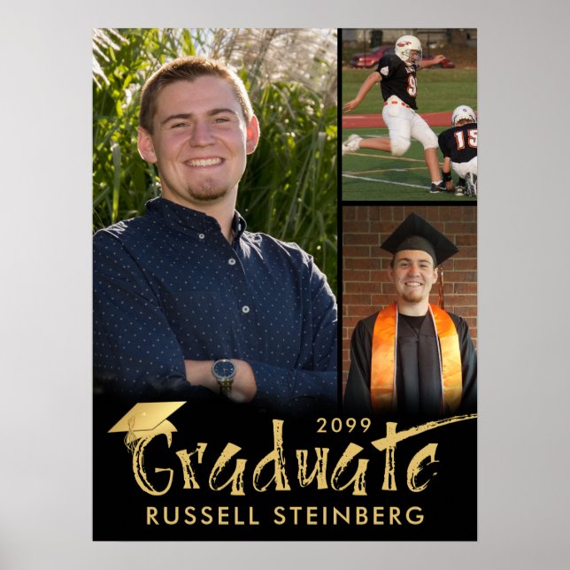 Affiche Diplômée 3 Photos Typographie de pinceau d'or (Devant)