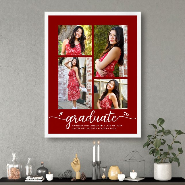 Affiche Diplômée Rouge 4 Photo Script Cœurs Moderne Fémini (Créateur téléchargé)
