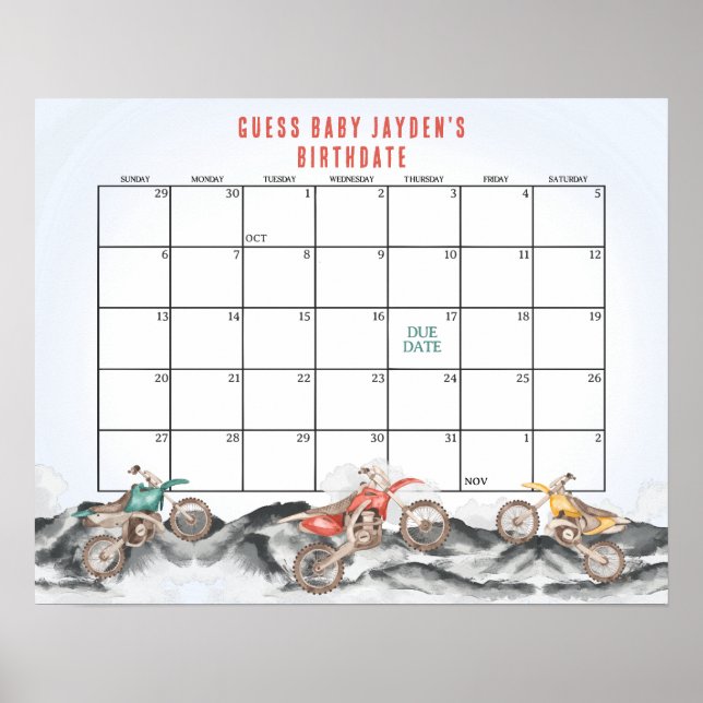 Affiche Dirt Bike Baby shower devine la date d'échéance (Devant)