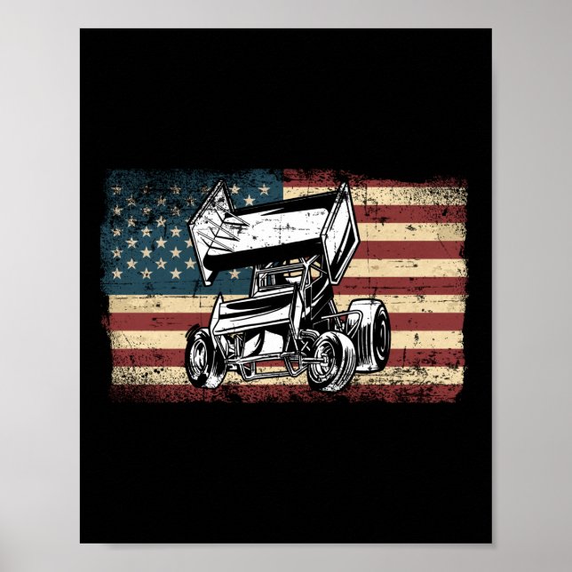 Affiche Dirt Track Racing Usa Drapeau Sprint Voiture Vinta (Devant)
