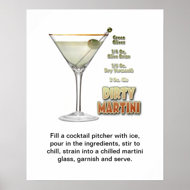Affiche Dirty Martini Cocktail Recette Art 16"x20" (Devant)