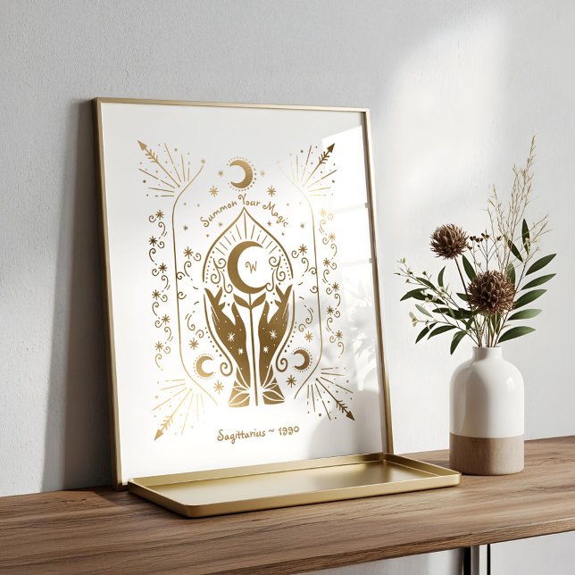 Affiche Diseur de bonne aventure étoile et lune Monogramme (Star & Moon Fortune Teller Monogram & Birth Year Poster)